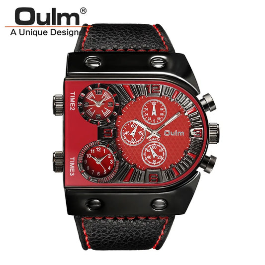 Oulm Three Time Zone Army Sport Quartz Wrist Watch for Men Steampunk Big Dial Watches Casual Leather Male Watch Unique Design